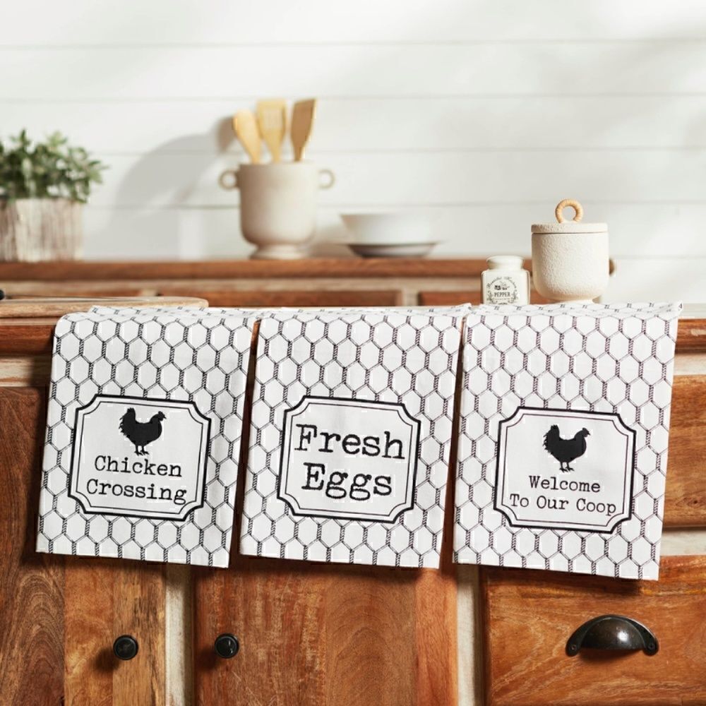 NEW! Farmhouse Set of 3 Cotton Kitchen Towels Chicken Eggs RoosterโWireโCountry